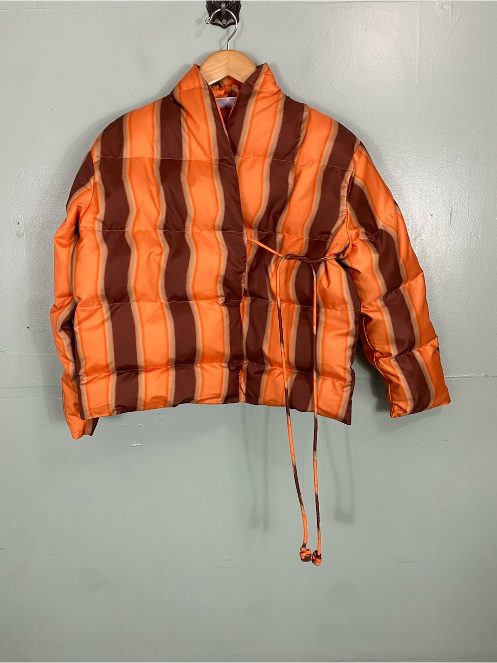 The Wolf Gang Taja Puffer Orange Brown Striped Jacket Small